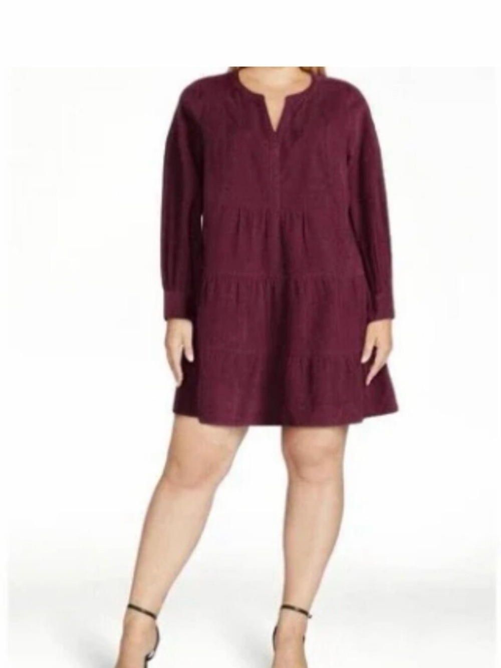 Time and Tru Plus-Size Burgundy Notch-Neck Tiered Mini Dress